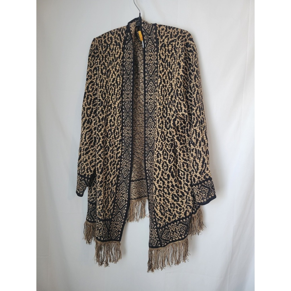 Ruby Rd. Woman 2X Leopard Print Cardigan Sweater Fringe Open Front Metallic Knit